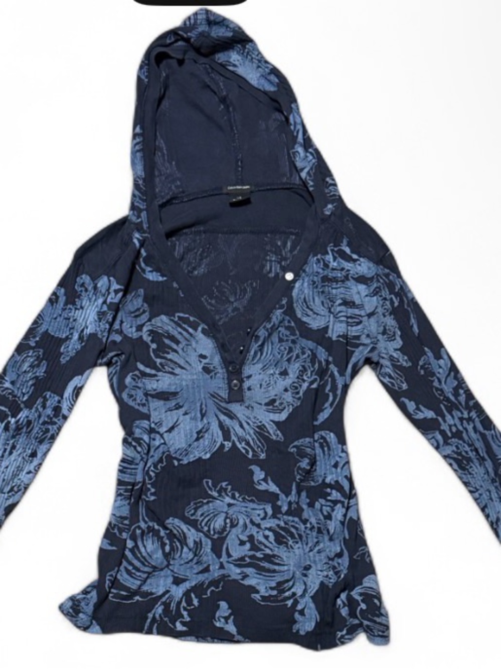 Vintage Y2K Calvin Klein Blue Floral Hooded Henley Top